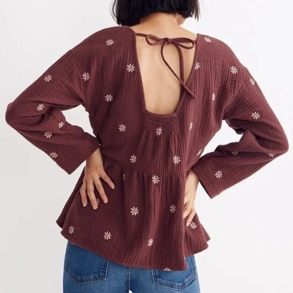 Madewell Womens Gauze Embroidered Peplum Top Small Peasant Cottage Boho Festival - Picture 3 of 12